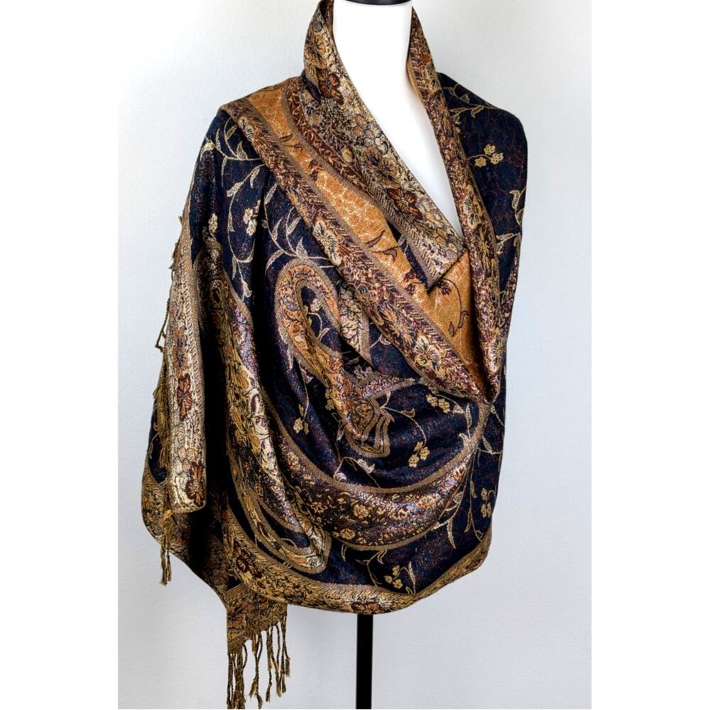 Whimsigoth Metallic Gold Paisley Pashmina Shawl Reversible Navy Evening Wrap